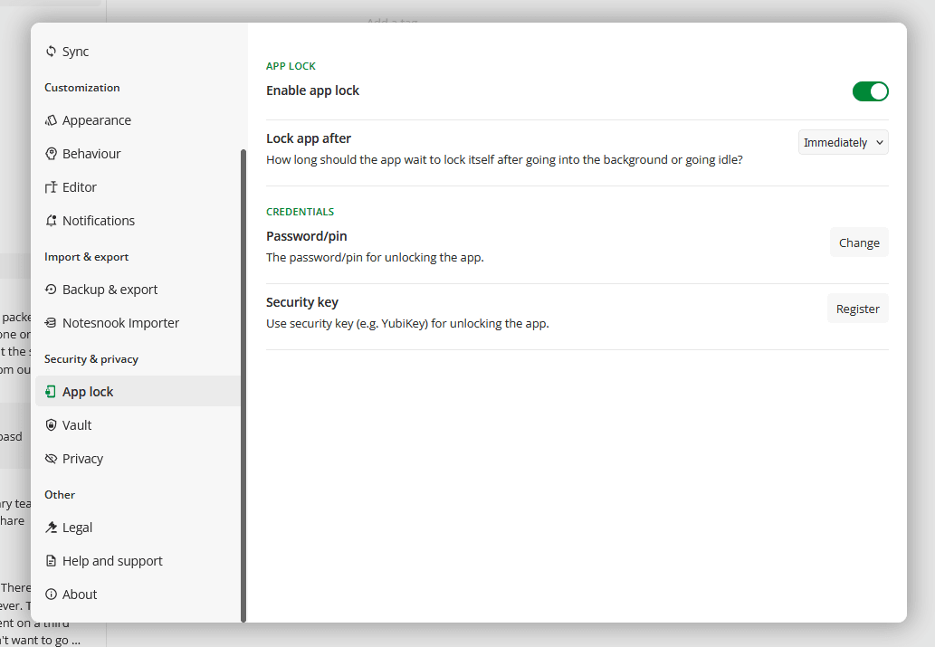 Setting up app lock in Notesnook
