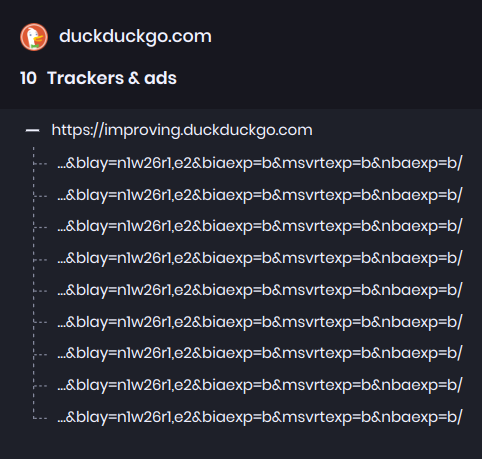 Brave reports 10+ trackers on DuckDuckGo search
