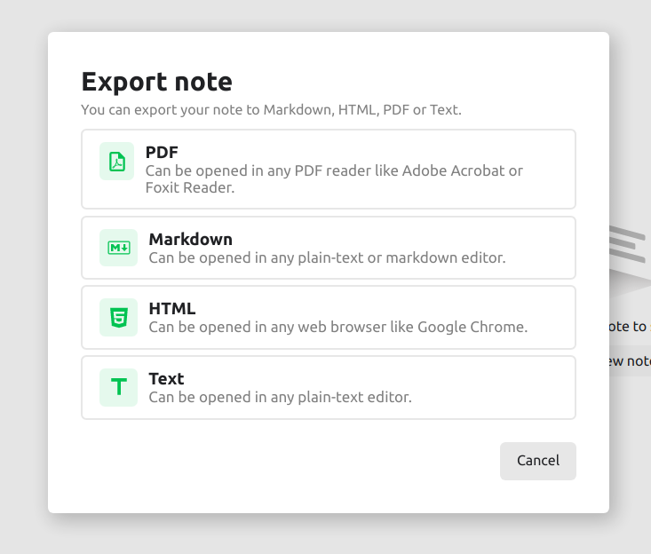 Export notes in pdf, markdown, html