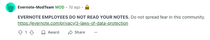 EVERNOTE EMPLOYEES DO NOT READ YOUR NOTES. Do not spread fear in this community.