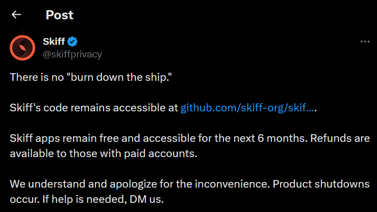 Skiff website on the day they shut down