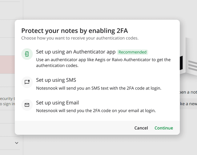 2FA methods in Notesnook