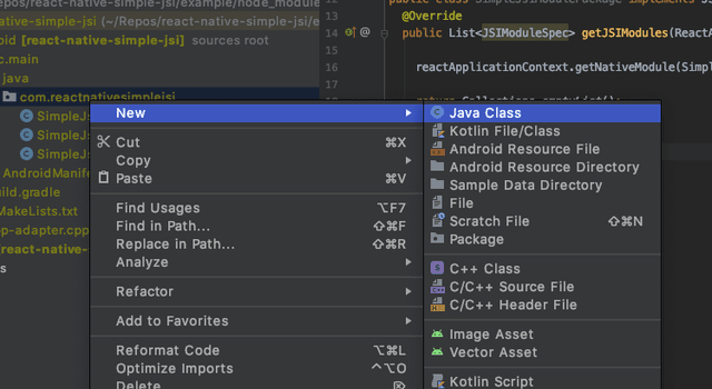 Creating a new java class SimpleJsiModulePackage.java