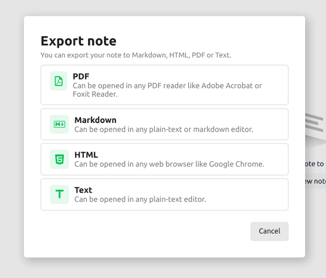 Export notes in pdf, markdown, html