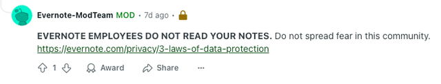 EVERNOTE EMPLOYEES DO NOT READ YOUR NOTES. Do not spread fear in this community.